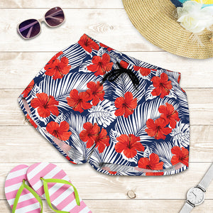 Red Hibiscus Tropical Pattern Print Women's Shorts