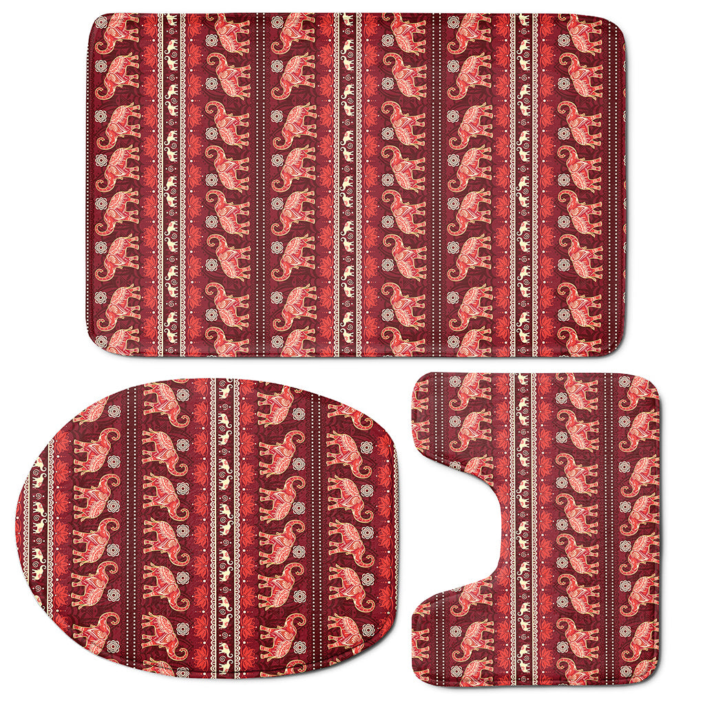 Red Indian Elephant Pattern Print 3 Piece Bath Mat Set