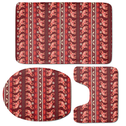 Red Indian Elephant Pattern Print 3 Piece Bath Mat Set