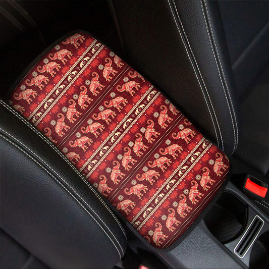 Red Indian Elephant Pattern Print Car Center Console Cover