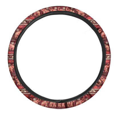 Red Indian Elephant Pattern Print Car Steering Wheel Cover