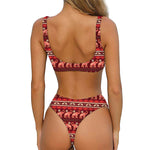 Red Indian Elephant Pattern Print Front Bow Tie Bikini