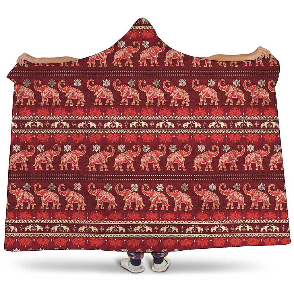 Red Indian Elephant Pattern Print Hooded Blanket