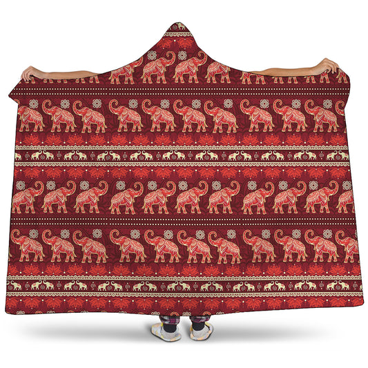 Red Indian Elephant Pattern Print Hooded Blanket