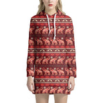 Red Indian Elephant Pattern Print Hoodie Dress