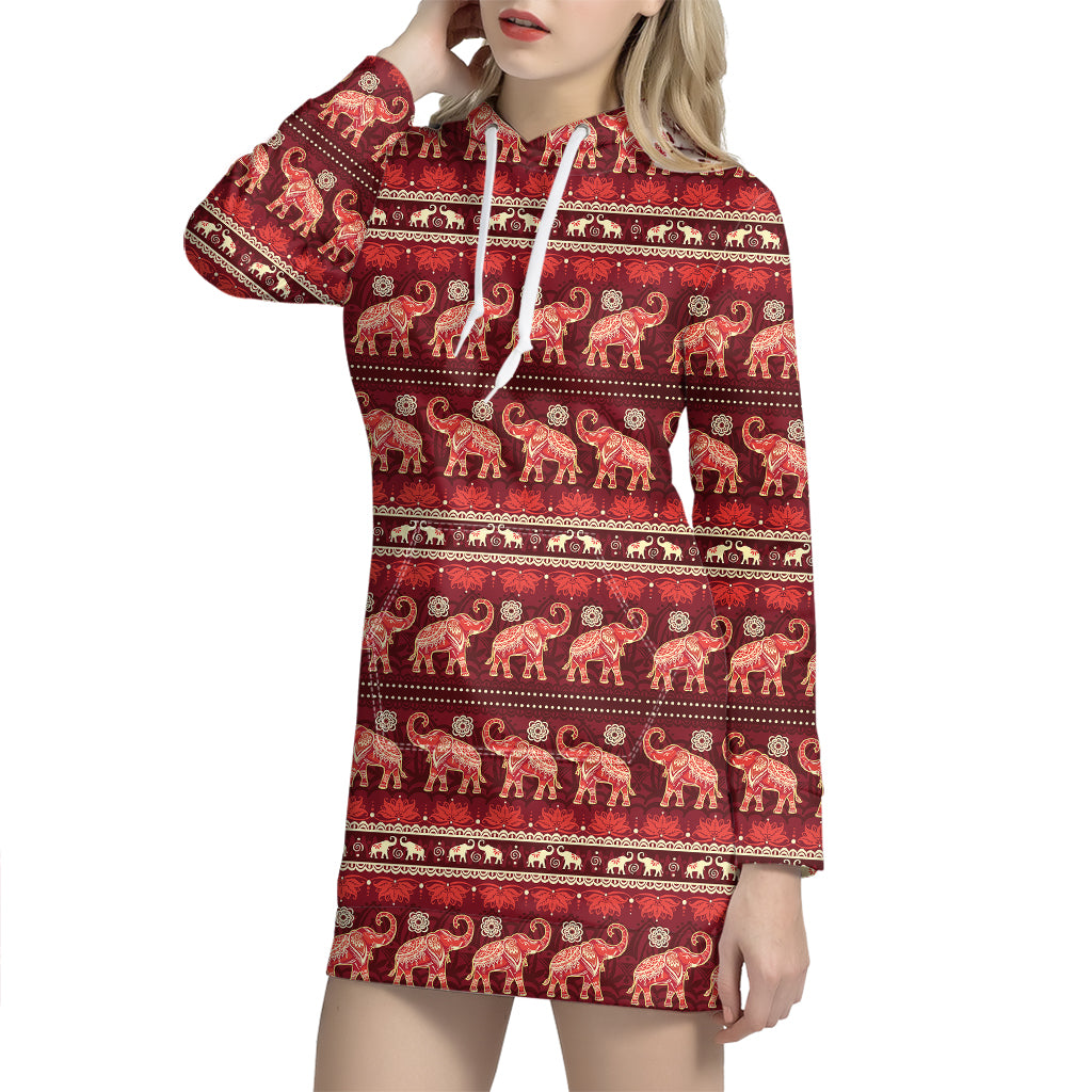Red Indian Elephant Pattern Print Hoodie Dress
