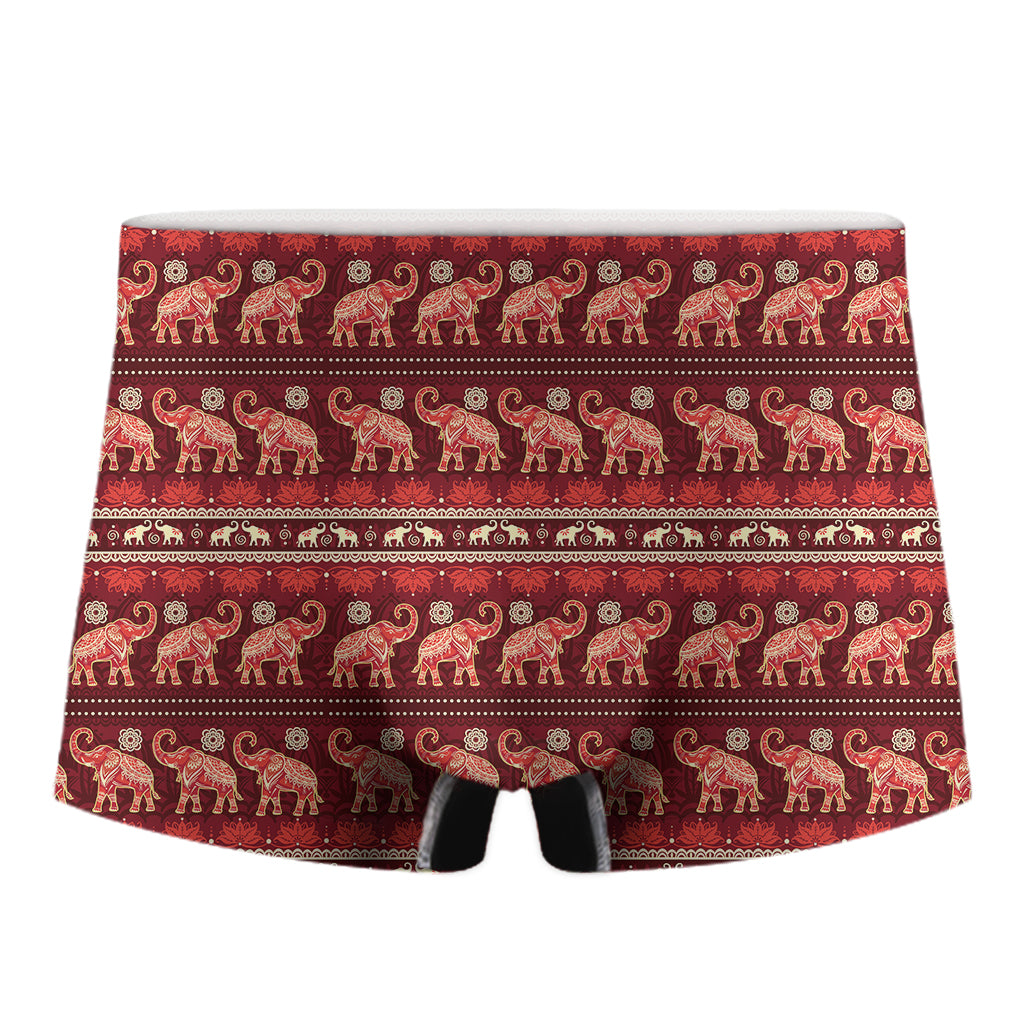 Red Indian Elephant Pattern Print Men's Boxer Briefs
