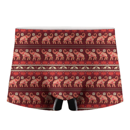 Red Indian Elephant Pattern Print Men's Boxer Briefs