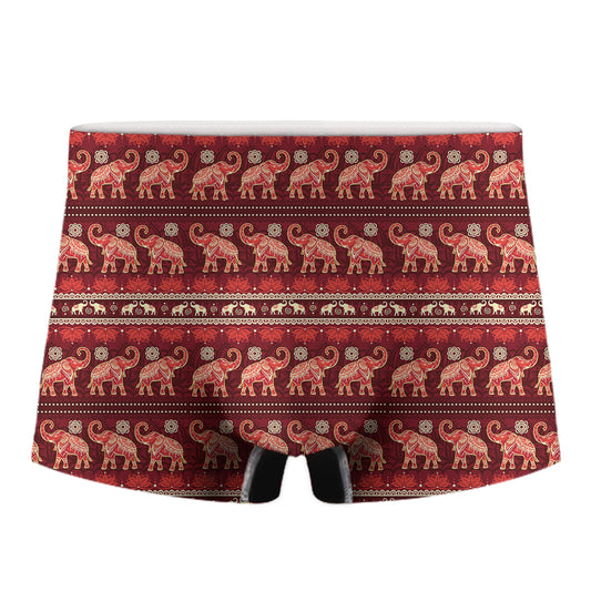 Red Indian Elephant Pattern Print Men's Boxer Briefs