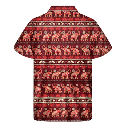 Red Indian Elephant Pattern Print Men's Short Sleeve Shirt