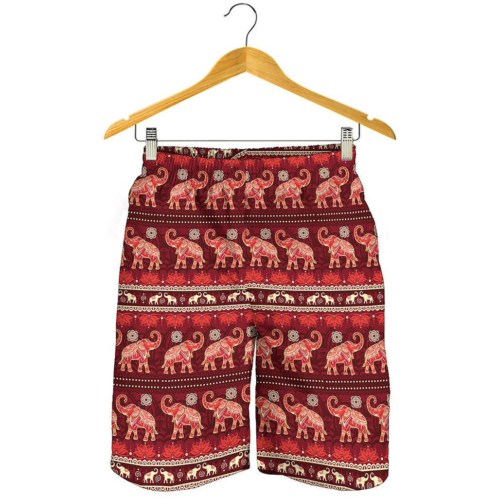 Red Indian Elephant Pattern Print Men's Shorts