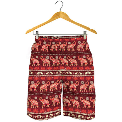 Red Indian Elephant Pattern Print Men's Shorts