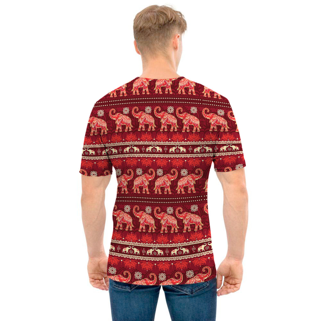 Red Indian Elephant Pattern Print Men's T-Shirt