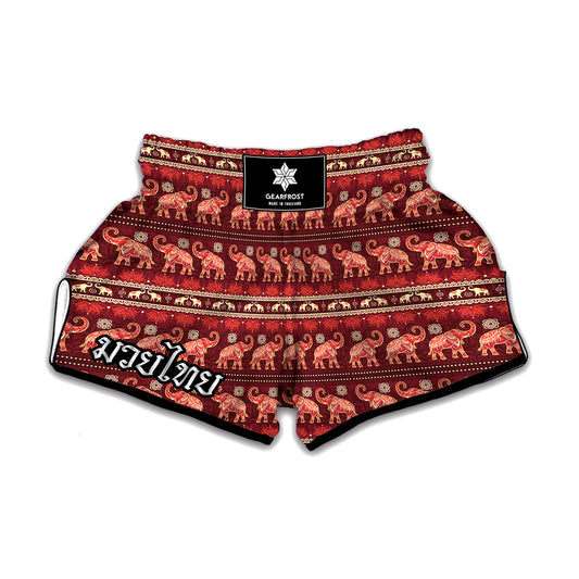 Red Indian Elephant Pattern Print Muay Thai Boxing Shorts