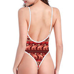 Red Indian Elephant Pattern Print One Piece High Cut Swimsuit