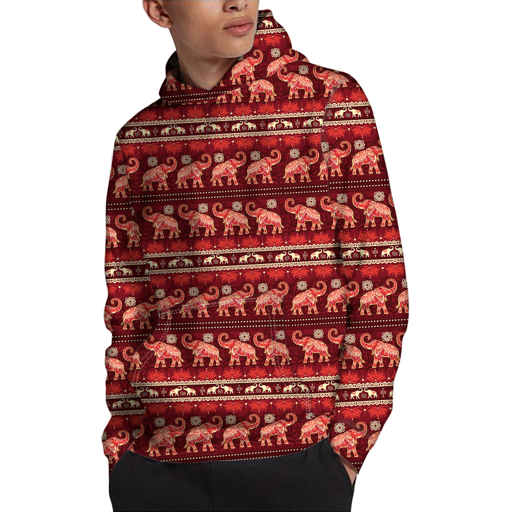 Red Indian Elephant Pattern Print Pullover Hoodie