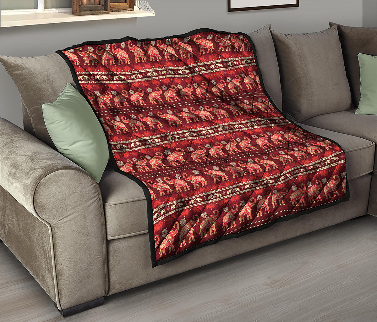 Red Indian Elephant Pattern Print Quilt