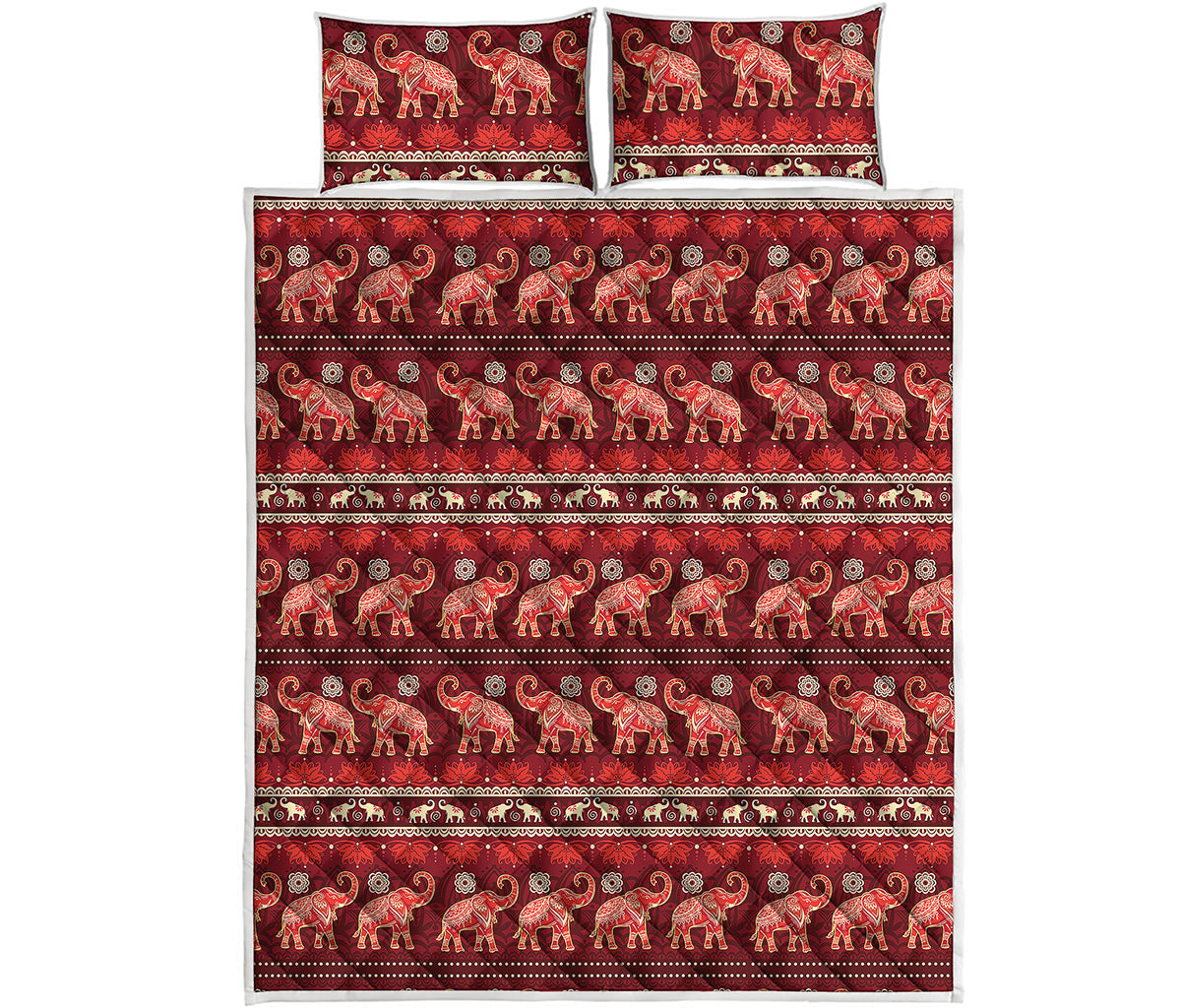 Red Indian Elephant Pattern Print Quilt Bed Set