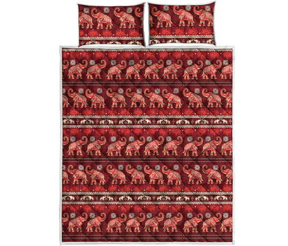 Red Indian Elephant Pattern Print Quilt Bed Set