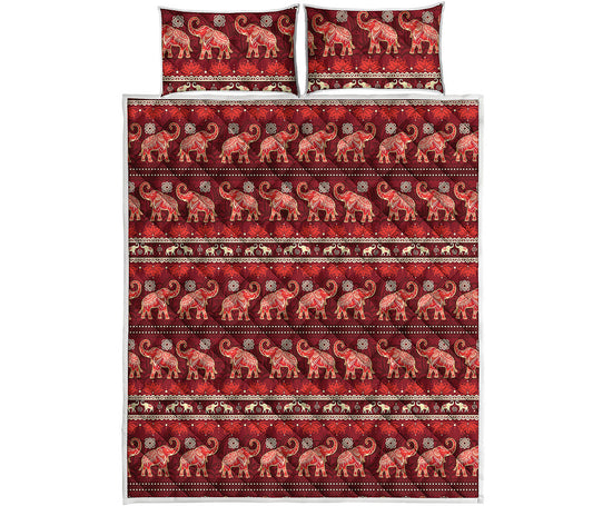 Red Indian Elephant Pattern Print Quilt Bed Set
