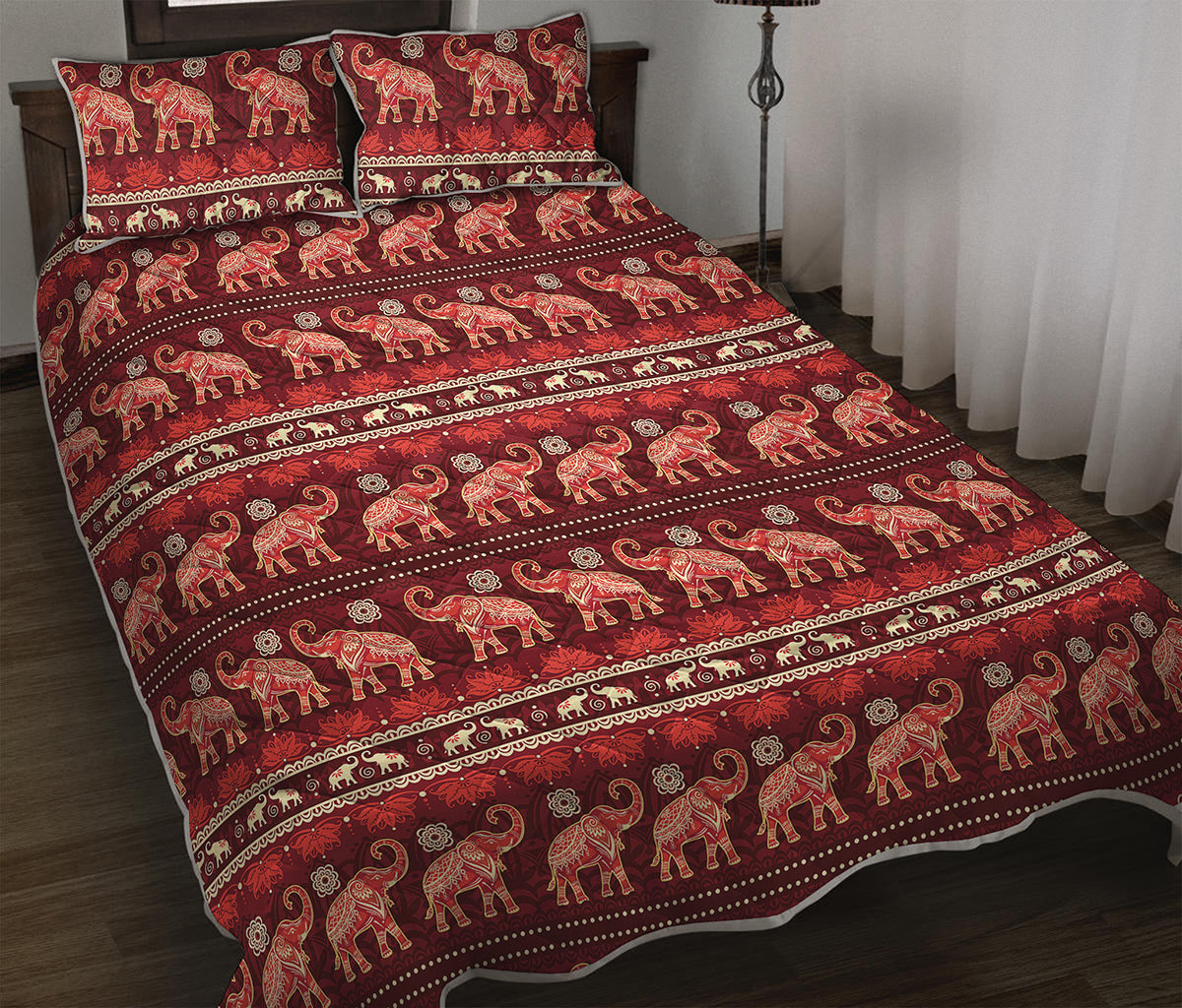 Red Indian Elephant Pattern Print Quilt Bed Set