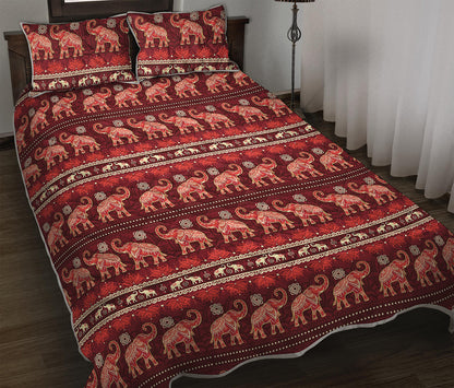 Red Indian Elephant Pattern Print Quilt Bed Set