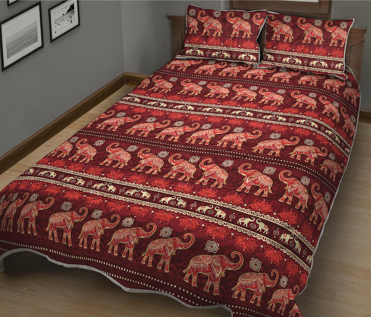 Red Indian Elephant Pattern Print Quilt Bed Set
