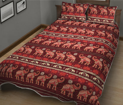 Red Indian Elephant Pattern Print Quilt Bed Set