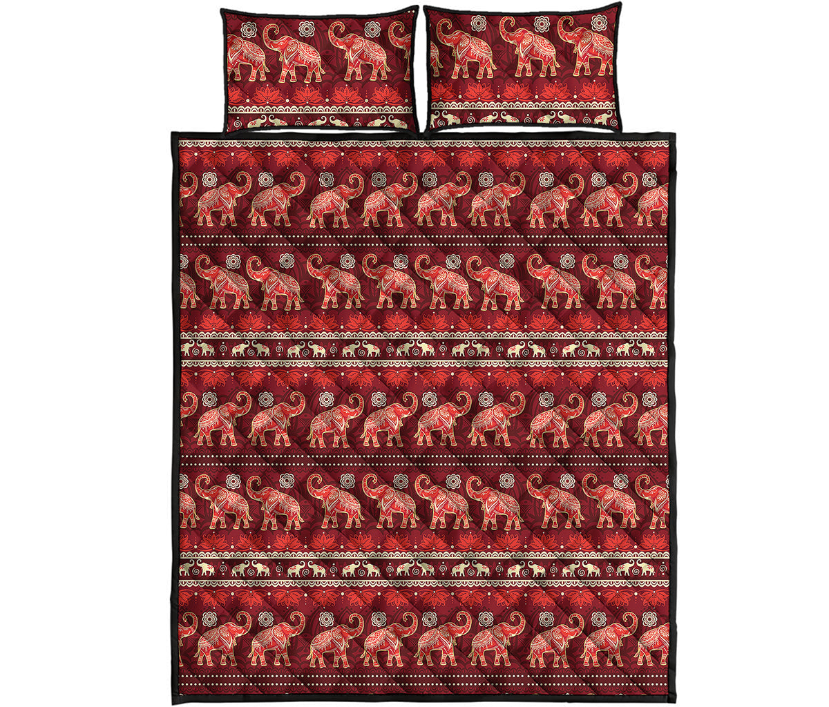 Red Indian Elephant Pattern Print Quilt Bed Set