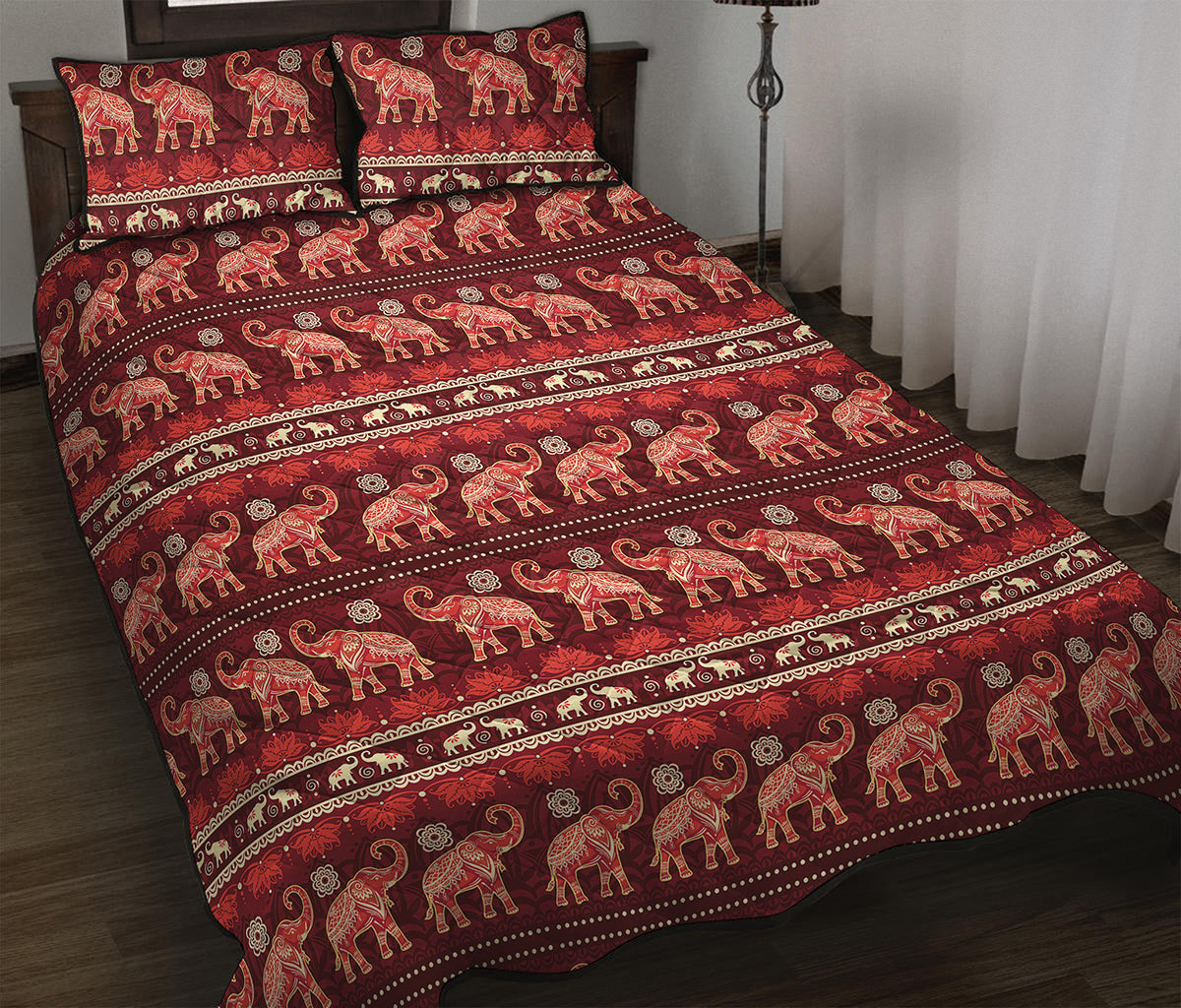 Red Indian Elephant Pattern Print Quilt Bed Set