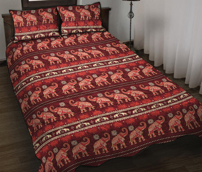 Red Indian Elephant Pattern Print Quilt Bed Set