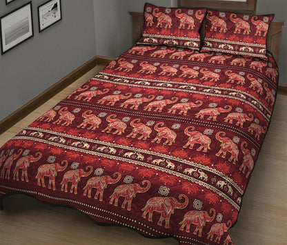 Red Indian Elephant Pattern Print Quilt Bed Set