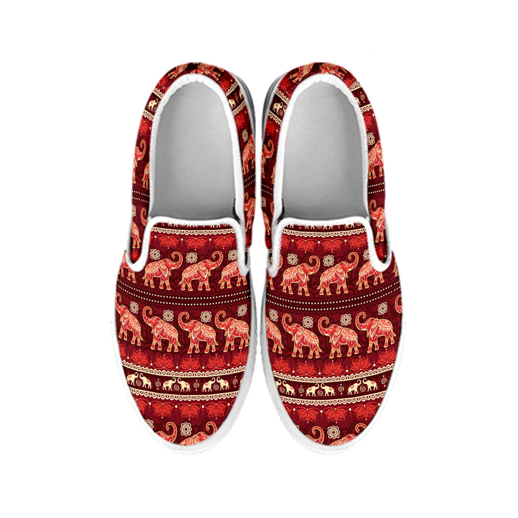 Red Indian Elephant Pattern Print White Slip On Shoes