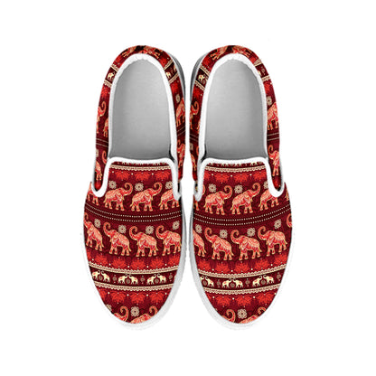 Red Indian Elephant Pattern Print White Slip On Shoes