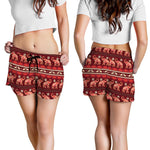 Red Indian Elephant Pattern Print Women's Shorts