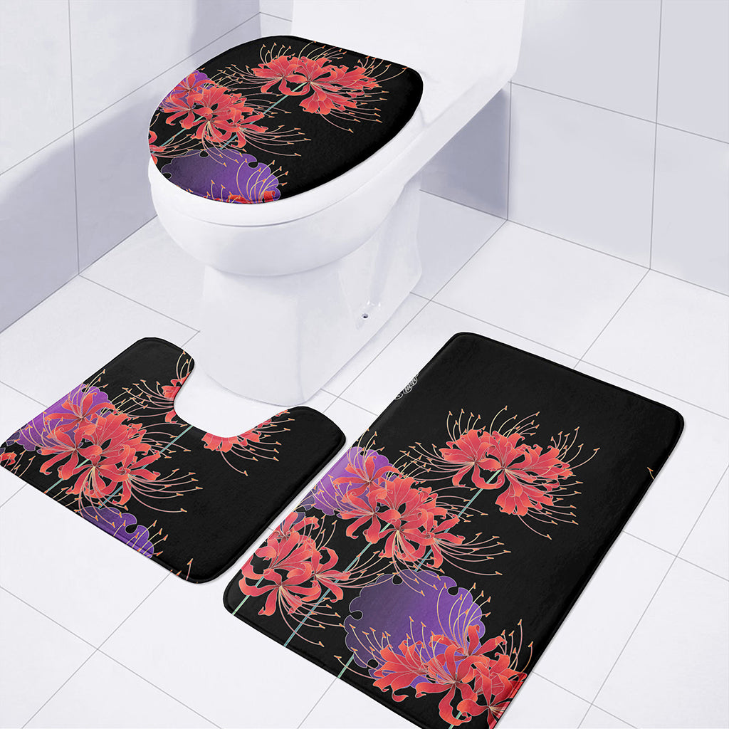 Red Japanese Amaryllis Pattern Print 3 Piece Bath Mat Set