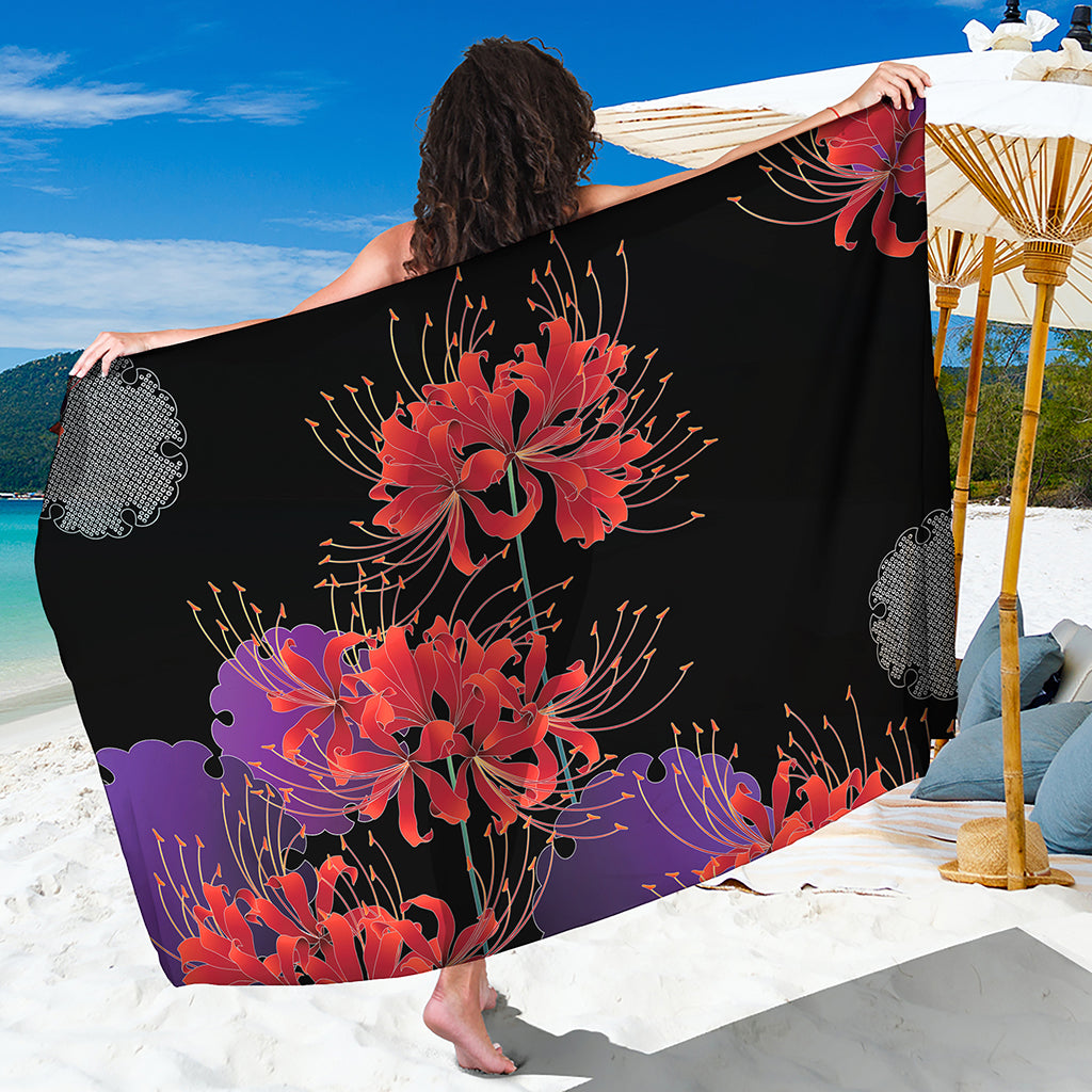 Red Japanese Amaryllis Pattern Print Beach Sarong Wrap