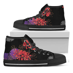 Red Japanese Amaryllis Pattern Print Black High Top Shoes