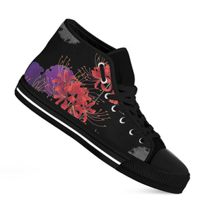 Red Japanese Amaryllis Pattern Print Black High Top Shoes