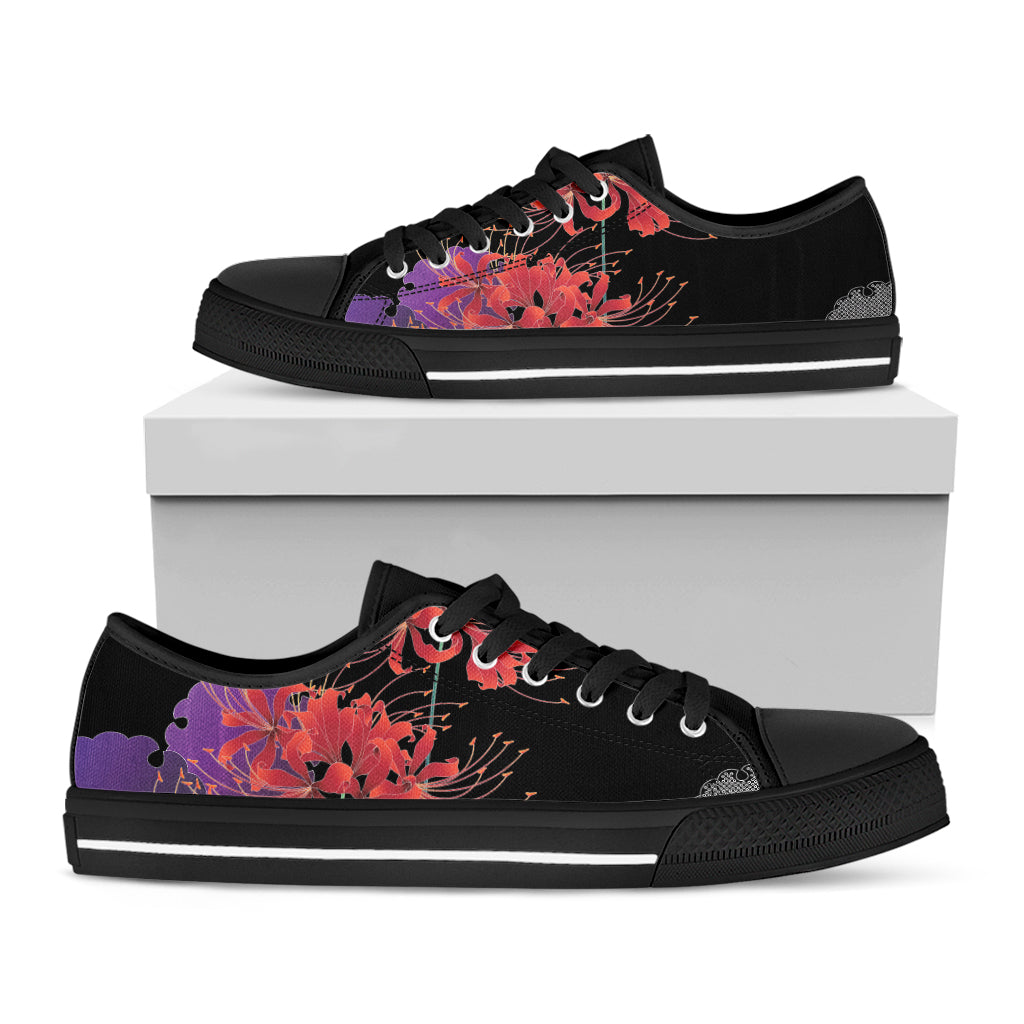 Red Japanese Amaryllis Pattern Print Black Low Top Shoes