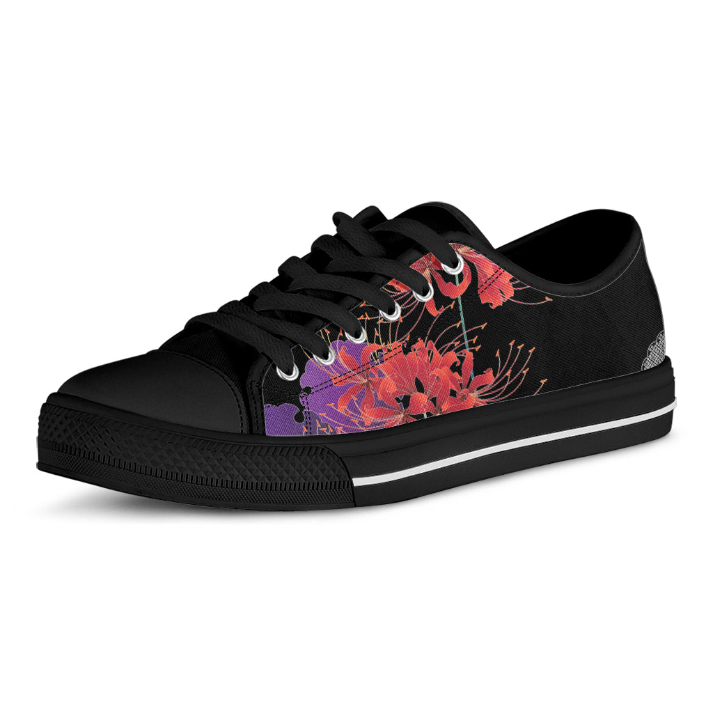 Red Japanese Amaryllis Pattern Print Black Low Top Shoes