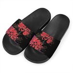 Red Japanese Amaryllis Pattern Print Black Slide Sandals