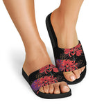 Red Japanese Amaryllis Pattern Print Black Slide Sandals