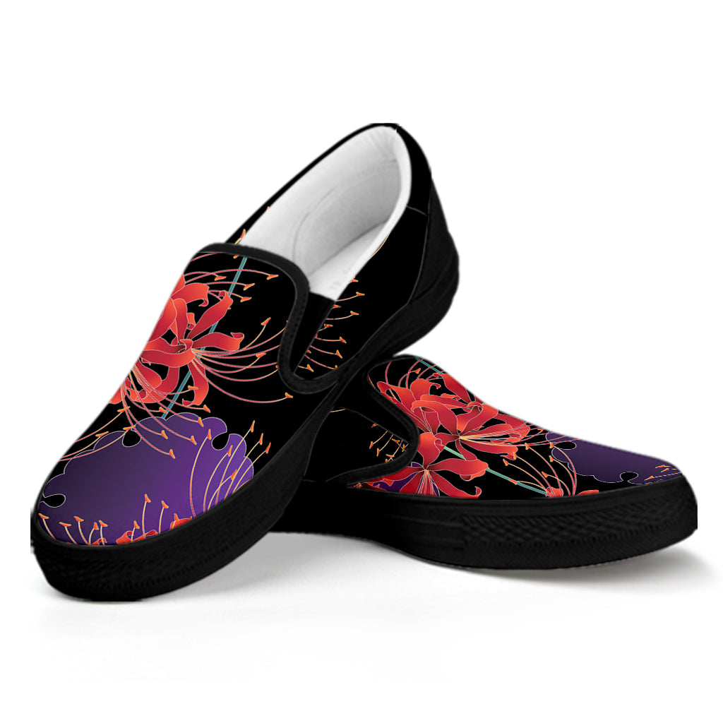 Red Japanese Amaryllis Pattern Print Black Slip On Shoes