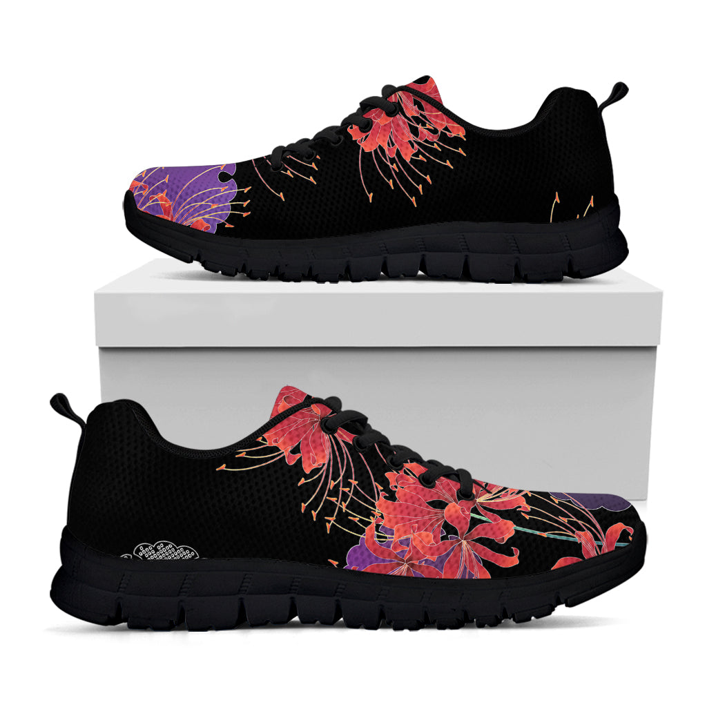 Red Japanese Amaryllis Pattern Print Black Sneakers