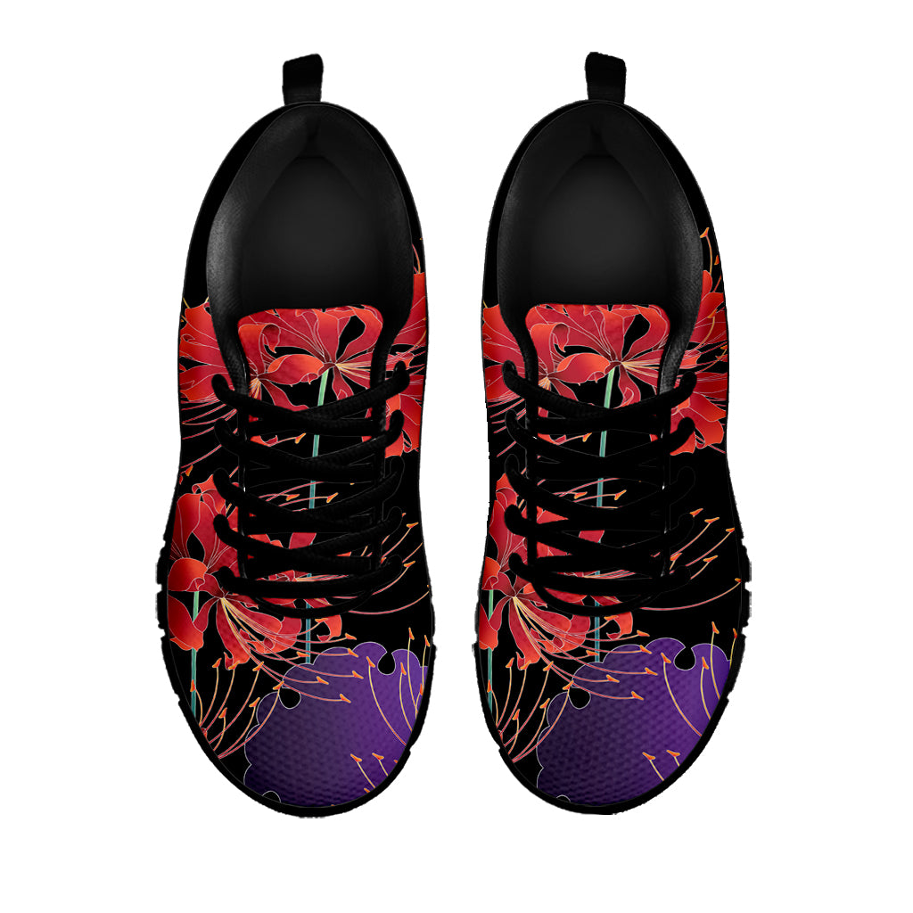 Red Japanese Amaryllis Pattern Print Black Sneakers