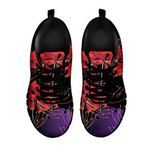 Red Japanese Amaryllis Pattern Print Black Sneakers