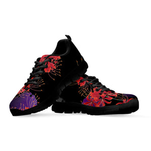 Red Japanese Amaryllis Pattern Print Black Sneakers