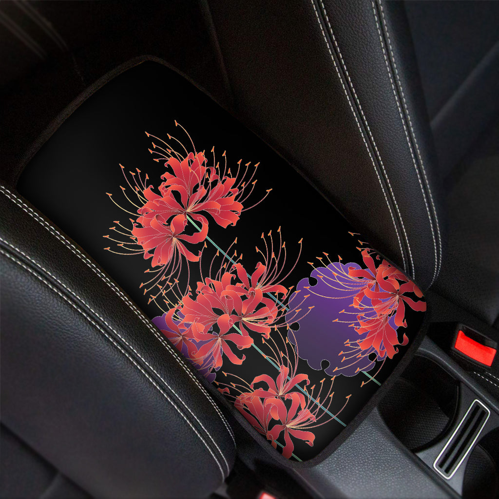 Red Japanese Amaryllis Pattern Print Car Center Console Cover