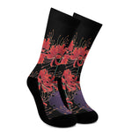 Red Japanese Amaryllis Pattern Print Crew Socks